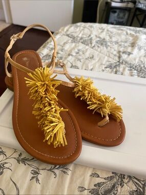 Indigo Yellow Fringe T-Strap Sandals with Tan Footbed